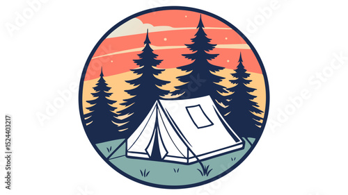 Retro Camping Badge Generated AI Design of Tent in Pine Forest at Sunset