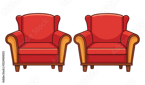 Photo of two rich red armchairs with golden accents, isolated on white background