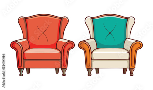 Photo of two elegant wingback armchairs, one coral and one teal, isolated on white background