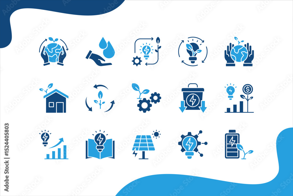Obraz premium Energy Saving icon set with conservation, reduce waste, consumption, management, efficiency, gas emission and green house.