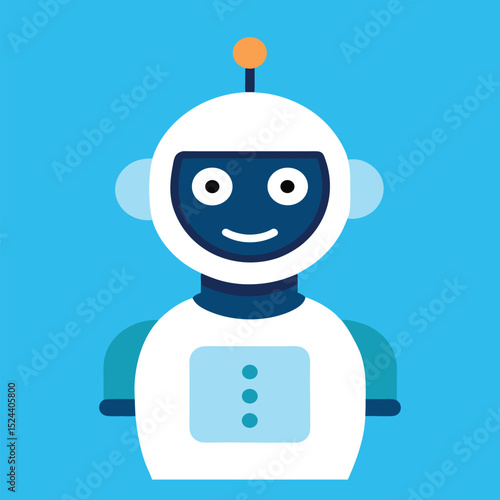 Cute smiling robot illustration on a bright blue background perfect for tech
