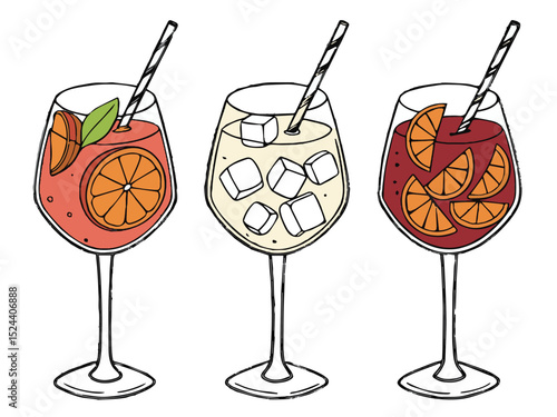 A vibrant set of refreshing cocktail drinks with ice, fruit, and lemon, perfect for a summer beach party celebration