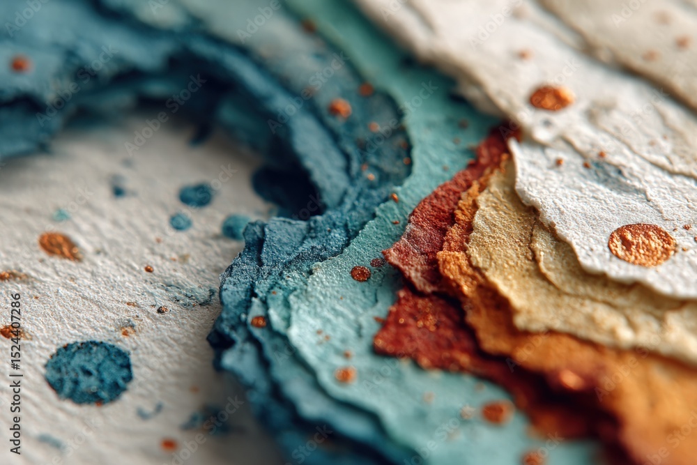 Obraz premium Close-up view of textured handmade paper with vibrant colors and metallic accents, showcasing intricate layers and artistic details, ideal for creative projects and design inspiration