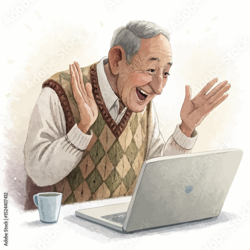 A cheerful elderly man expressing excitement while using a laptop on a simple background with copy space.