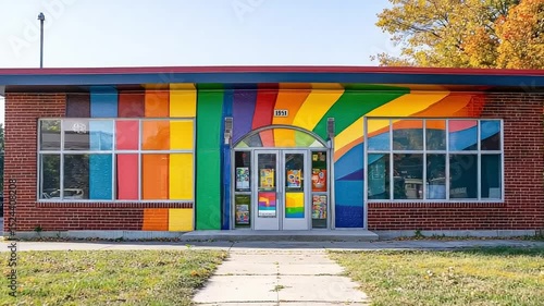 Colorful building with rainbow colors on the side. The building is a school