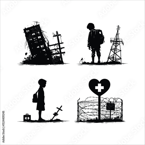 Silhouette art of post apocalyptic war with children and destruction vector illustration design concept