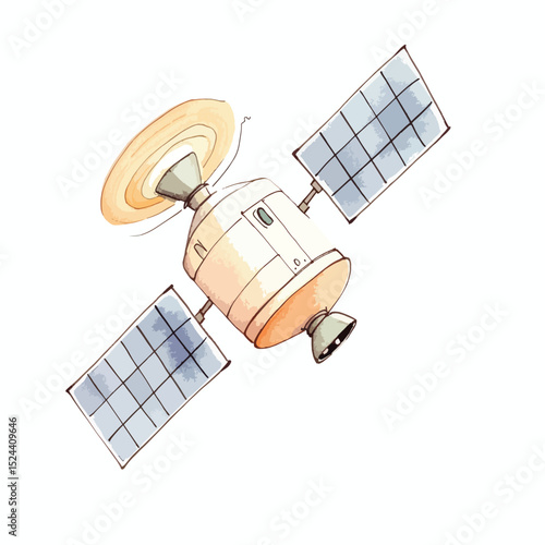 Watercolor Sketch of a Rotating Satellite with Solar Panels