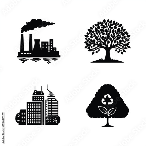 Black and white ecology environmental concept illustration with factory tree and city icons