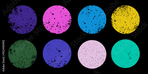 Set of grunge chalk drawn colorful circle shapes in punk and playful style, ideal for logo design, artistic backgrounds, kids decor, and creative retro illustrations