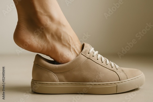 Stylish beige sneaker gracefully worn by a foot, highlighting comfort and fashion in minimalist indoor setting