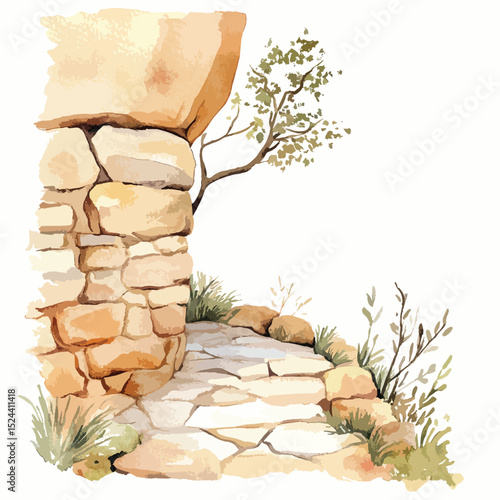 Watercolor Stone Archway with Foliage and Pathway Illustration