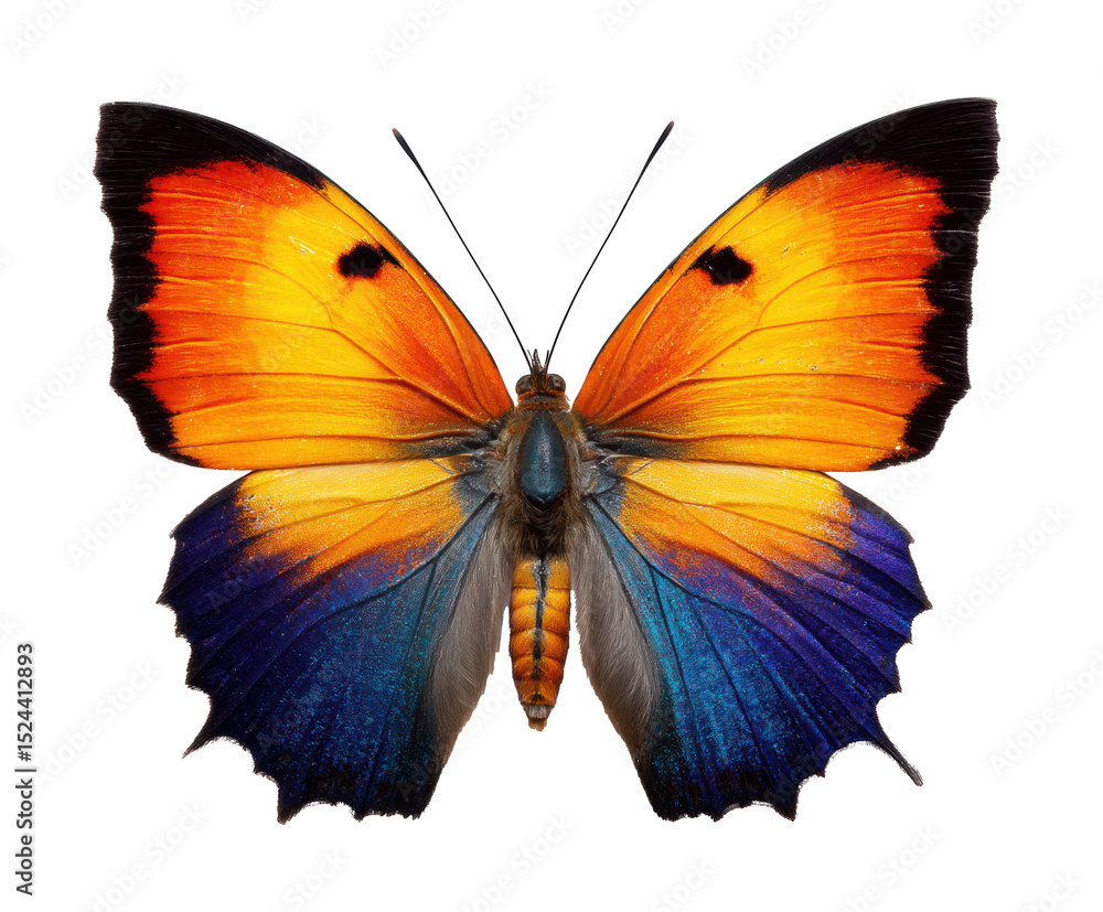 Obraz premium Vibrant tropical butterfly with orange and blue wings, cut out transparent 