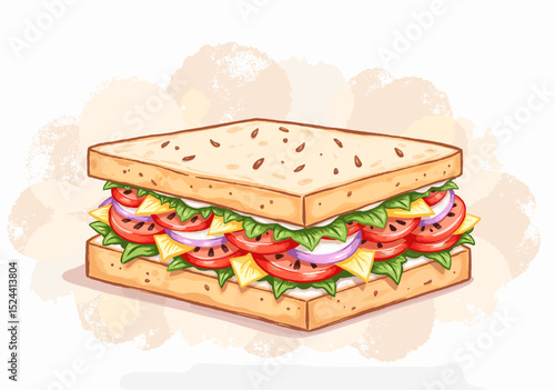 Gourmet sandwich with layers of vegetables and cheese on bread  