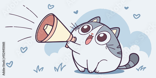 Adorable Cartoon Cat Announcing Good News with Megaphone Scalable Design Perfect for Branding and Logos