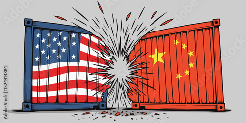Illustration of American and Chinese shipping containers colliding  