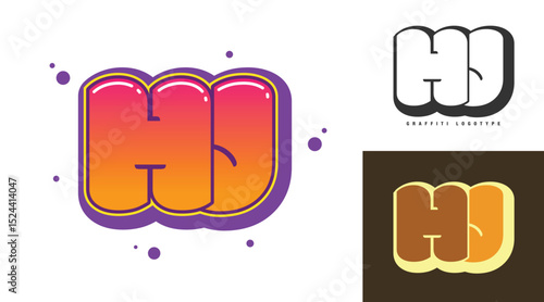 HJ logo design for festival or party. Initial letter h and j in graffiti style. Creative modern lettering company name of font typography. Kids trendy logotype or identity.