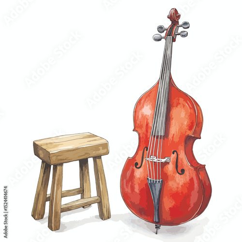 Watercolor Style Illustration of a ReddishBrown Double Bass and Wooden Stool