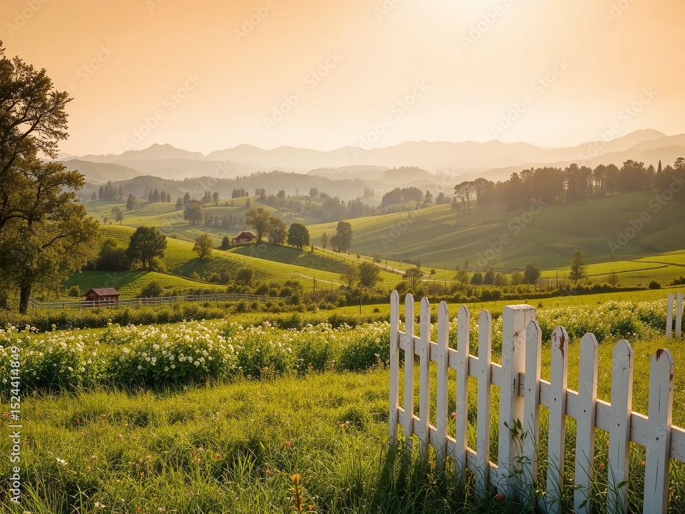 Obraz premium Lush Green Meadow and White Picket Fence