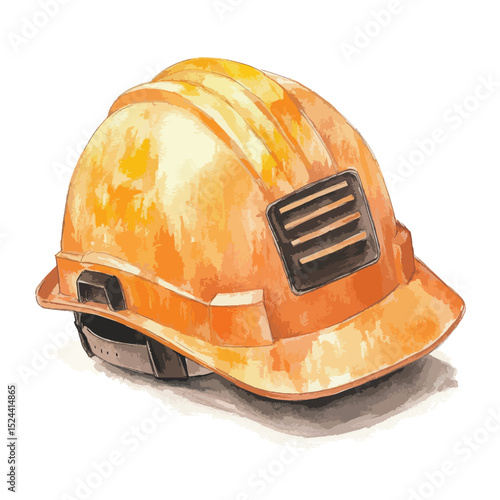 Watercolor Style Illustration of a Yellow Hard Hat with Chin Strap