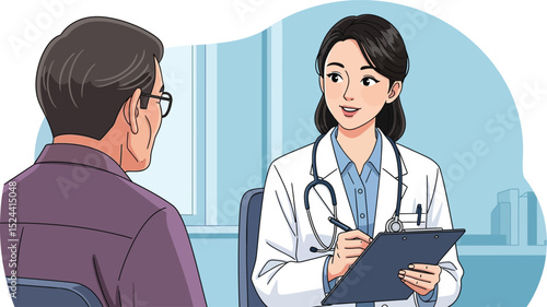oung Female Doctor Taking Patient Medical History in GP Clinic – Primary Care Consultation, Health Assessment Flat Vector Illustration