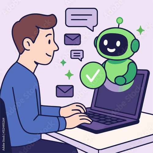 Man using AI chatbot on laptop – virtual assistant helping with tech support 