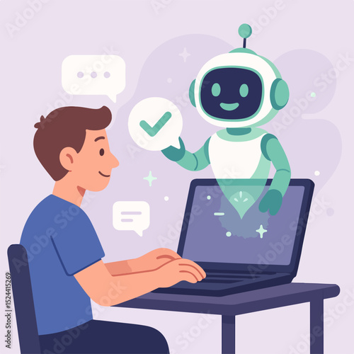 Man using AI chatbot on laptop – virtual assistant helping with tech support 