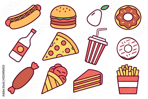 A collection of delicious cartoon illustrations featuring popular food and beverages