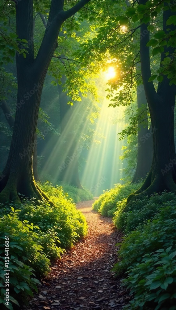 Naklejka premium Sun-dappled path winding through a dense, ancient woodland, sunlight filtering through leaves, creating a magical atmosphere Perfect for travel, nature, and fantasy themes , journey, wild