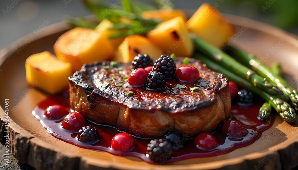 Cranberry-Glazed Tomahawk Ribeye with Charred Asparagus and Herb-Roasted Potatoes, Ideal for: Food photography portfolio titles or luxury food magazine editorial Cranberry-Glazed Tomahawk Ribeye with Charred Asparagus and Herb-Roasted Potatoes, Ideal for: Food photography portfolio titles or luxury food magazine editorial