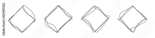 Set of contour diamond shape frames with scrawl loops and scribbles on white bg. Carelessly drawn rectangles. Handwritten elements. Outline graphic signs. Vector illustration