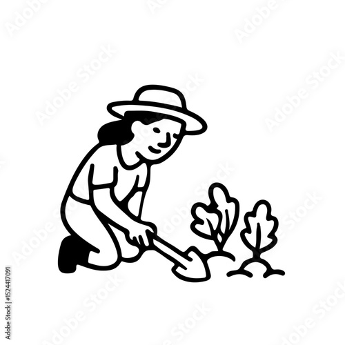 Gardening enthusiasm vector illustration depicting a person engaged in planting. Ideal for sustainable living, organic gardening, eco-friendly, and homegrown concepts. Black and white design.