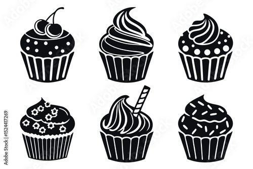 Black and white cupcake illustrations showcasing different icing and decoration designs