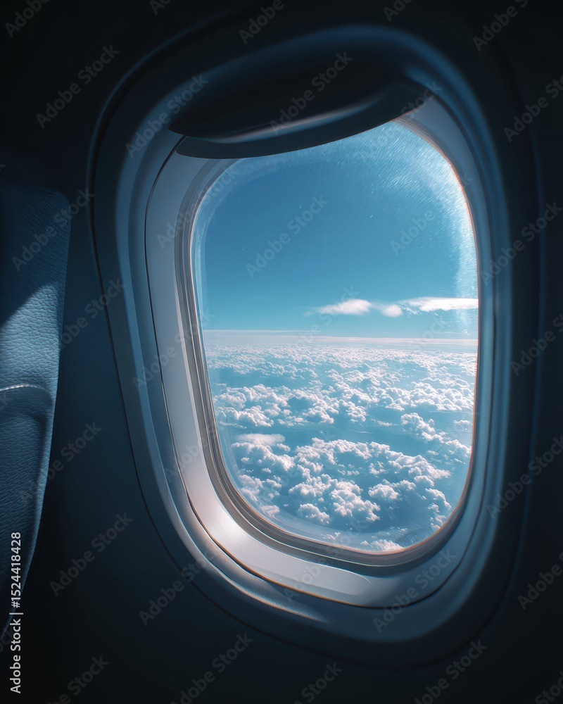 Naklejka premium A view from an airplane window showing fluffy clouds and a clear blue sky during a flight