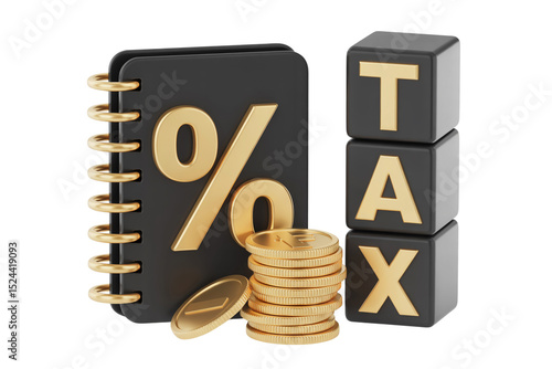 Tax Rate Concept with Gold Coins and Notebook