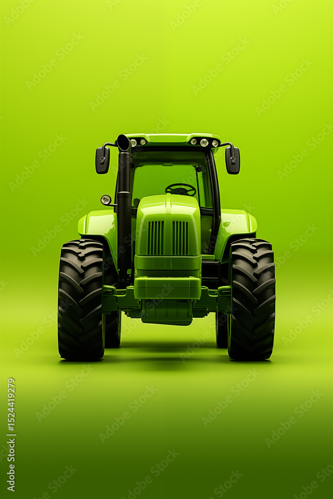 Obraz premium Photo of a green tractor isolated on a vibrant green background. Bold studio-style presentation of modern farming machinery with large rugged tires and clean