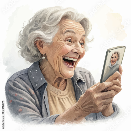  Elderly woman joyfully video chatting on a smartphone against a simple background
