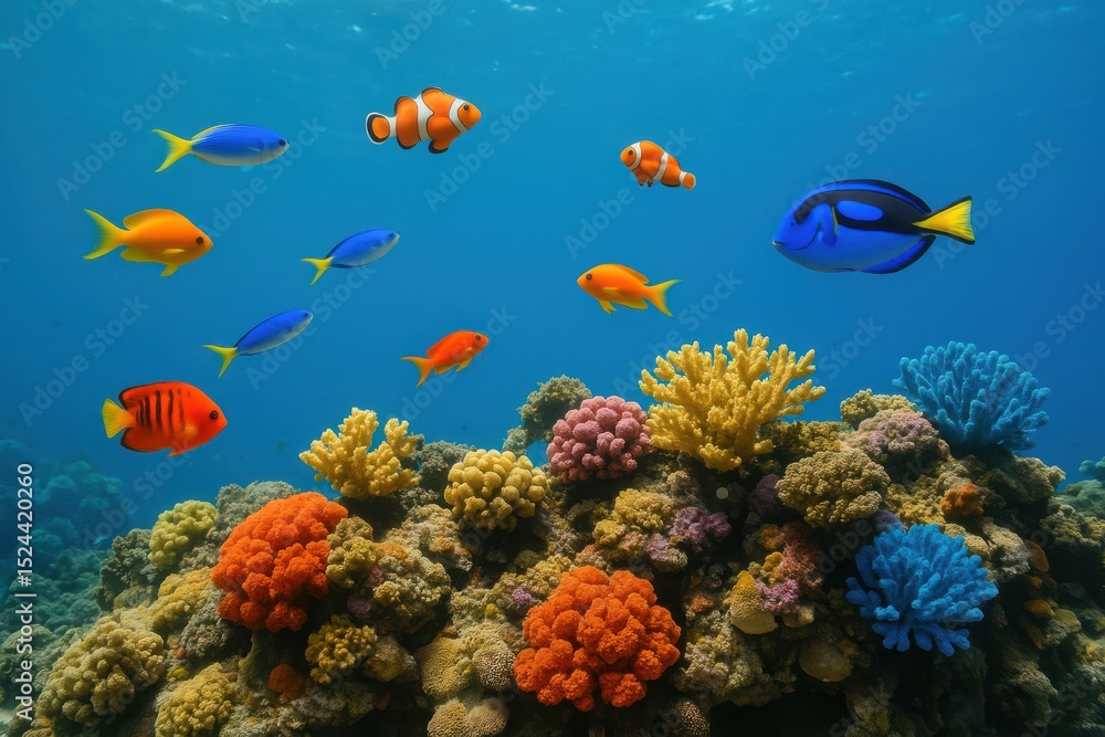 Naklejka premium Vibrant underwater world showcases colorful coral reefs and lively fish swimming in crystal clear ocean waters