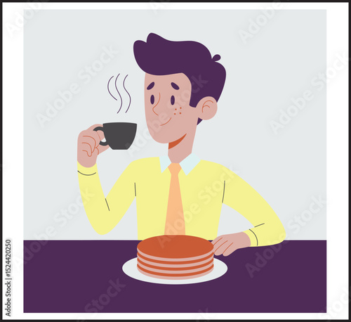Happy Businessman Enjoying Coffee Break - Morning Office Routine Vector Illustration