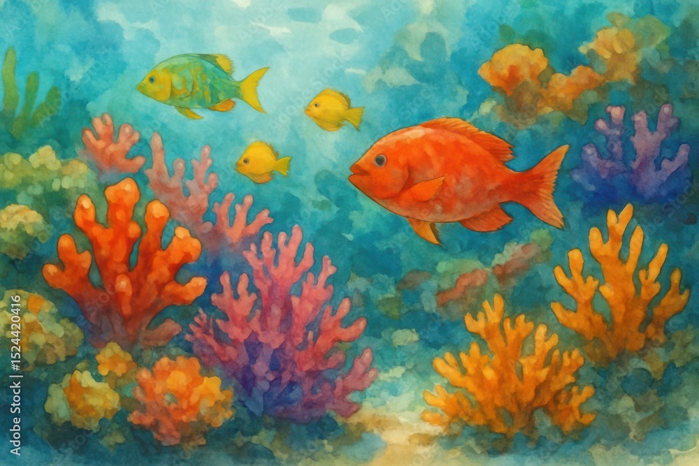 Naklejka premium Colorful underwater coral reef teeming with vibrant fish swimming through a vivid marine landscape in warm sunlight