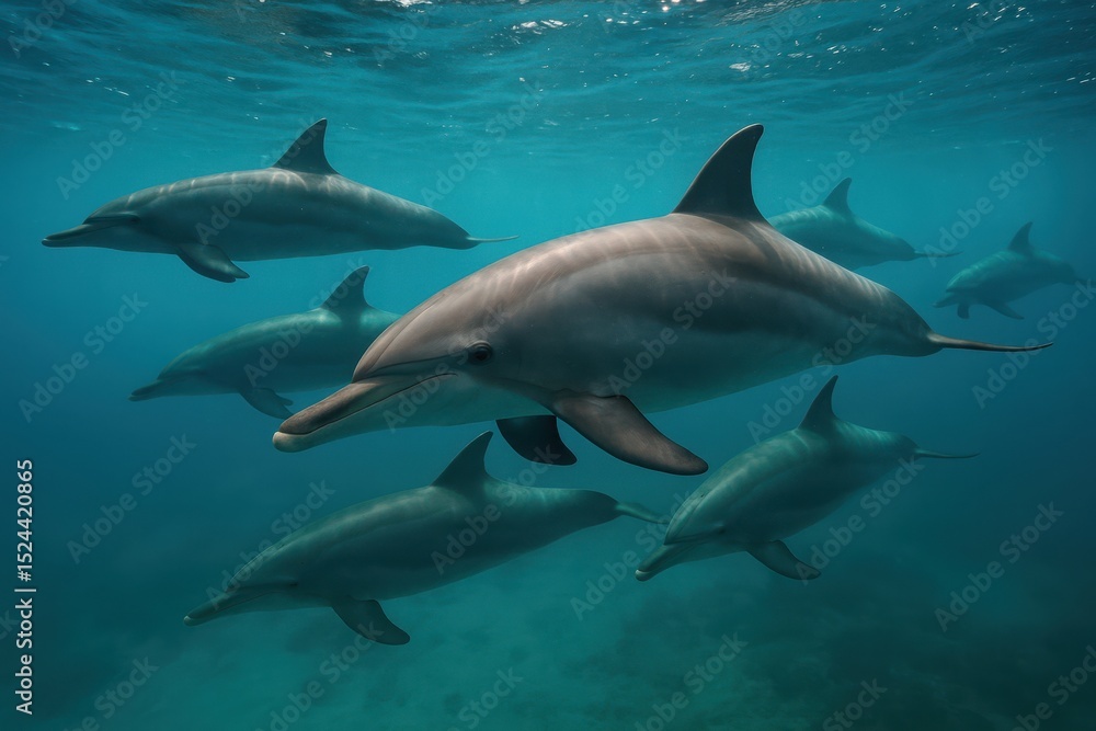 Obraz premium Dolphins gracefully swimming together in the tranquil blue waters of a serene ocean