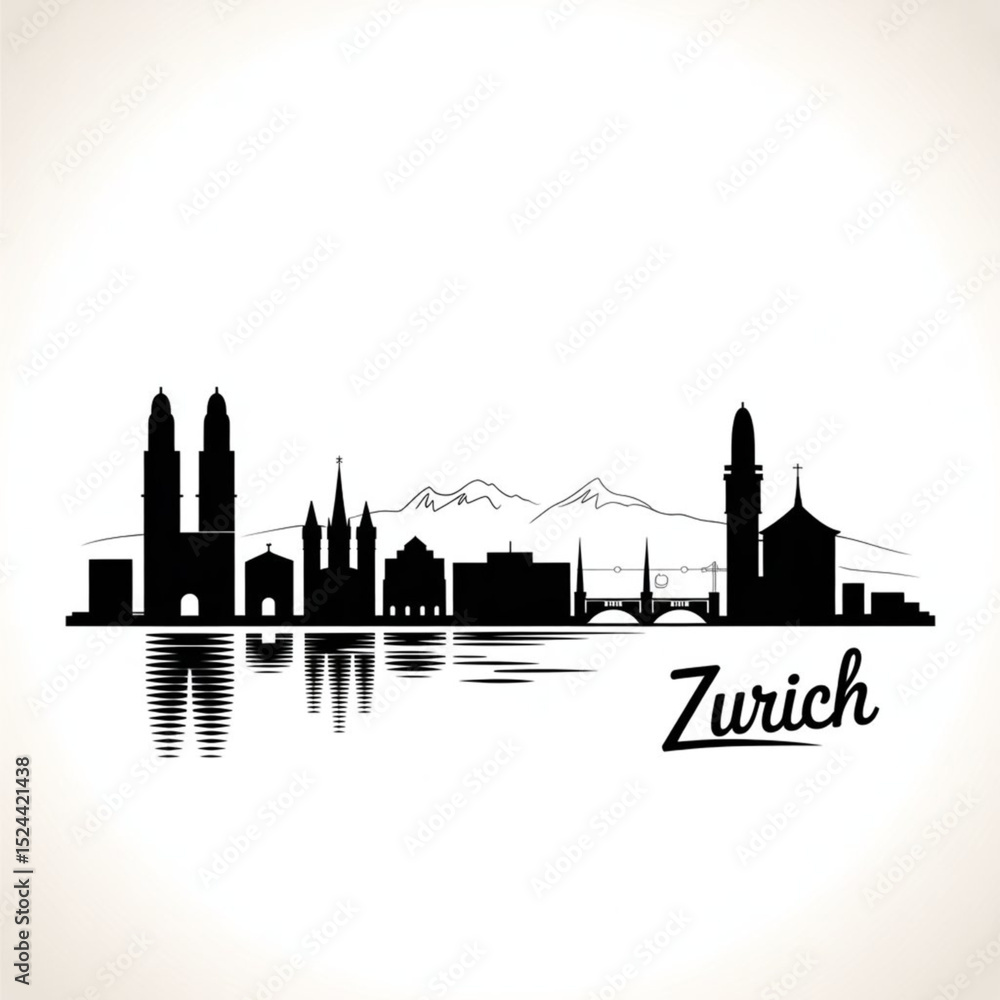 Obraz premium Zurich Skyline Silhouette — Swiss Cityscape Vector Illustration with Historic and Modern Architecture
