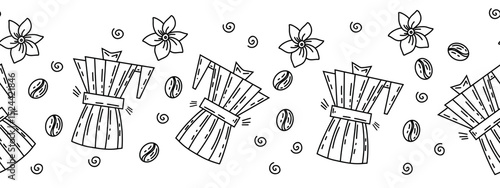 Coffee cocktails. Seamless border in sketch style. Drawing of flat lines of hot drinks. A repeating texture for the cafe menu.