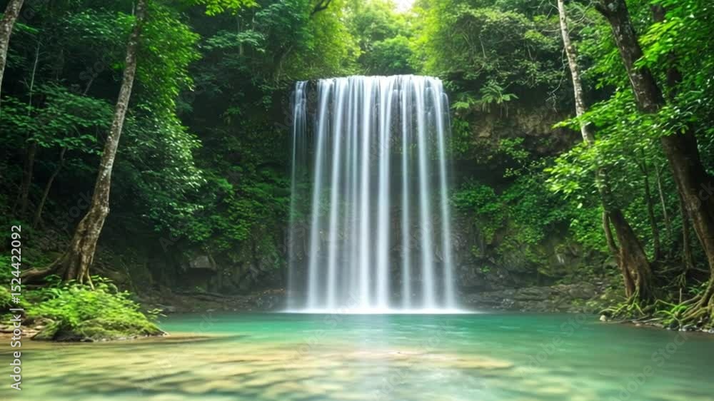 A pristine waterfall cascades through a lush green tropical forest 4k video A pristine waterfall cascades through a lush green tropical forest 4k video