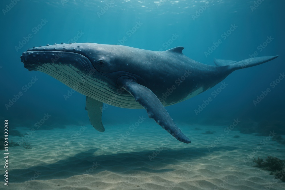 Obraz premium Majestic humpback whale gliding gracefully through crystal-clear ocean waters during a tranquil afternoon