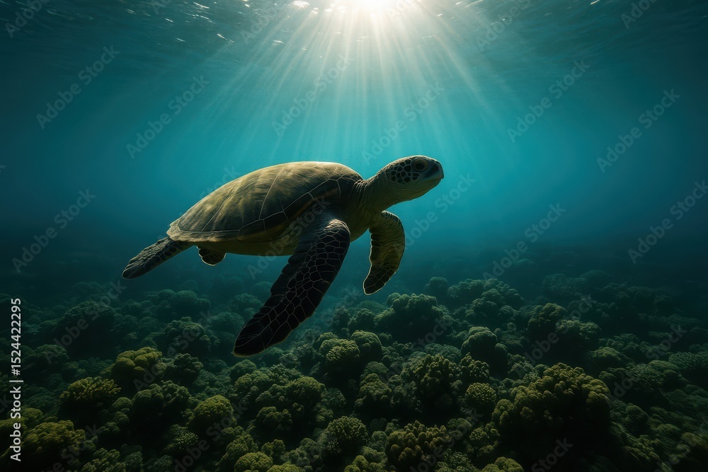 Obraz premium Graceful sea turtle gliding through vibrant coral reefs under soft sun rays in the clear blue ocean