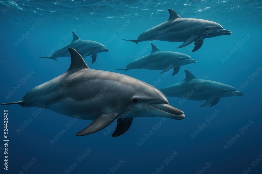 Group of playful dolphins swimming gracefully in clear blue waters during sunlight Group of playful dolphins swimming gracefully in clear blue waters during sunlight