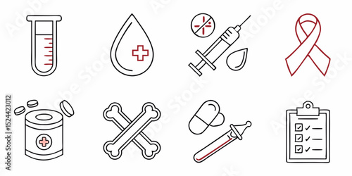 Anemia and Blood Disorder Line Icon Set – Thin Linear Vector Pictograms of Tests, Transfusion, Awareness, and Medical Treatment

