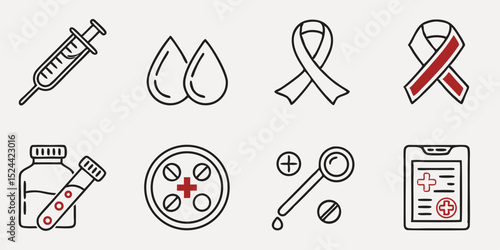 Anemia and Blood Disorder Line Icon Set – Thin Linear Vector Pictograms of Tests, Transfusion, Awareness, and Medical Treatment

