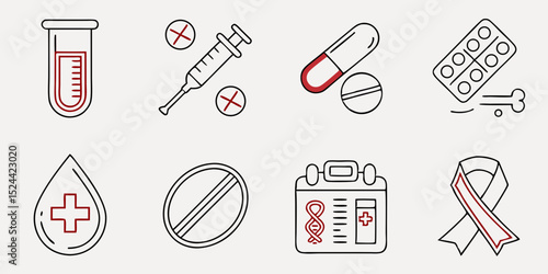 Anemia and Blood Disorder Line Icon Set – Thin Linear Vector Pictograms of Tests, Transfusion, Awareness, and Medical Treatment

