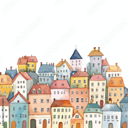 Watercolor townscape with colorful buildings and a tall tower whimsical architecture